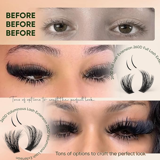 CORUSCATE 260D Lash Clusters with Bottom Lashes 8mm-25mm Mixed Lengths Mink Cluster Lashes Thick Individual Cluster Eyelash Extensions DIY Salon Look Dramatic Full Look Eyelash Clusters