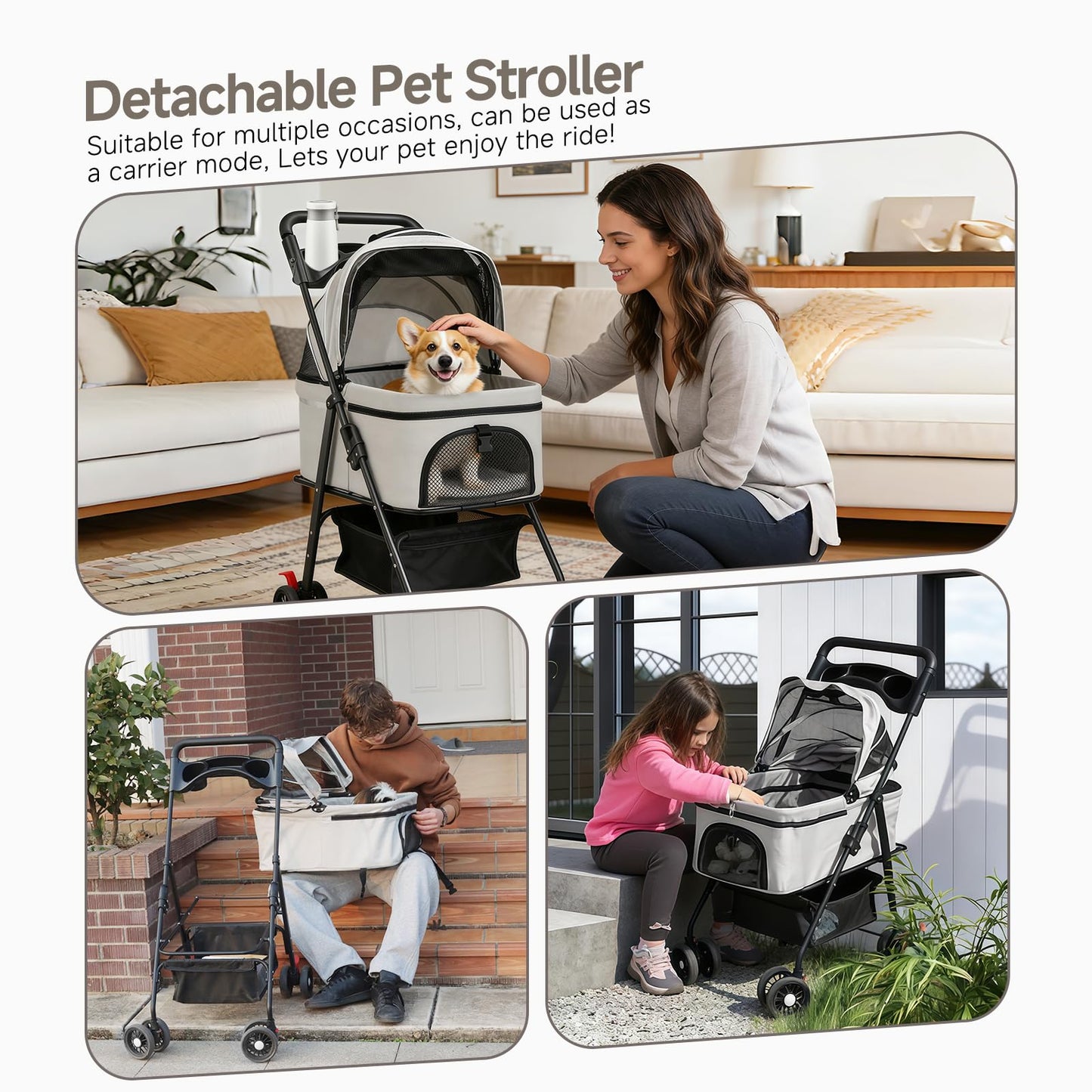 AODI Pet Stroller for Small Dogs and Cats with 4 Wheels, 3 in 1 Foldable Dog Stroller with Detachable Carrier, Breathable Mesh, Storage Basket & Cup Holder, Up to 33 lbs