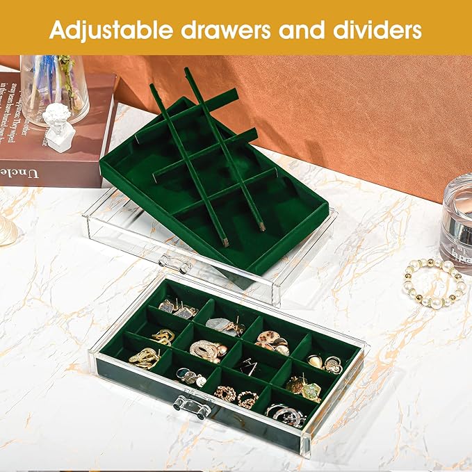 ProCase Earring Holder Organizer Jewelry Box with 10 Drawers, Acrylic Clear Earring Case with Adjustable Velvet Trays for Women - Emerald,10 Layers