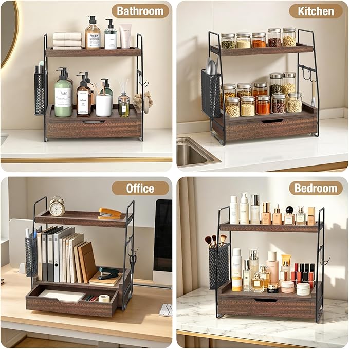 2-Tier Bathroom Counter Organizer with Drawer & Removable Basket, Wood & Metal Vanity Organizer for Skincare, Makeup, Perfume, Toiletries, Small Bathroom Counter Shelf, 13'' Rustic