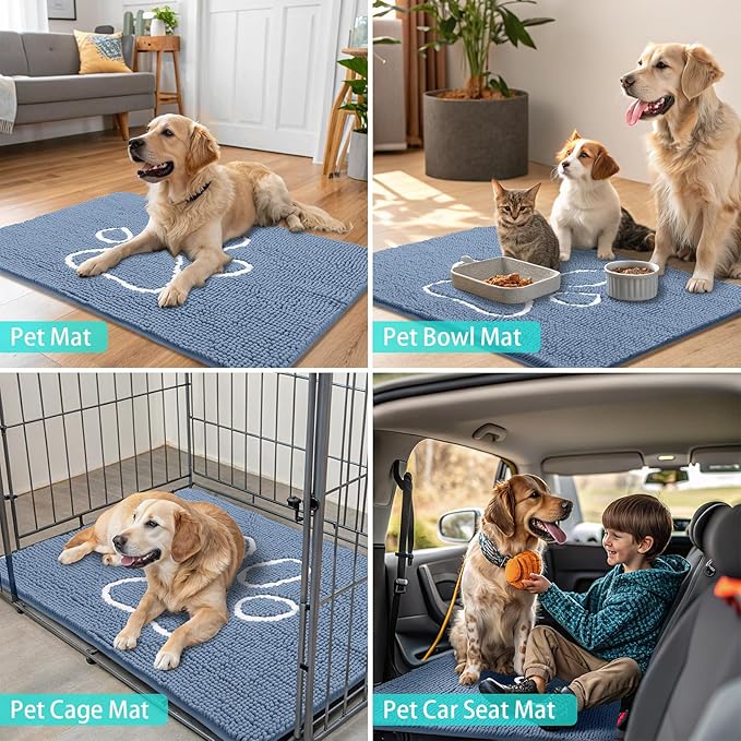Smiry Dog Door Mat for Muddy Paws, Absorbent Dirt Trapper Non Slip Quick Dry Washable Chenille Mat for Mud Dogs, Entry Rug for Indoor and Outdoor (24x16 Inches, Airy Blue and White)