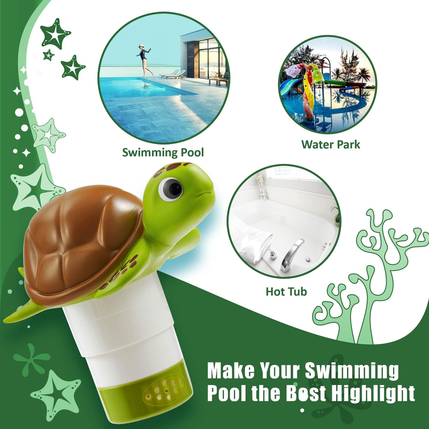 Chlorine Floater, Floating Pool Chlorine Dispenser, Fits 1 and 3 Inch Tablets & Bromine Holder for Large/Small Pools, Hot Tub, Spa - Sea Turtle