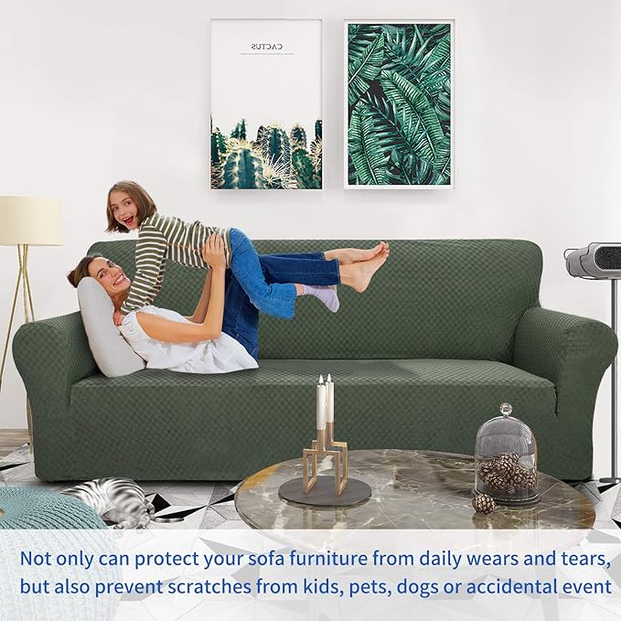 ZNSAYOTX 1 Piece Jacquard Couch Covers for 2 Cushion Couch High Stretch Loveseat Slipcover for Pets Dogs Anti Slip Love Seat Sofa Slipcover Furniture Protector (Loveseat, Army Green)