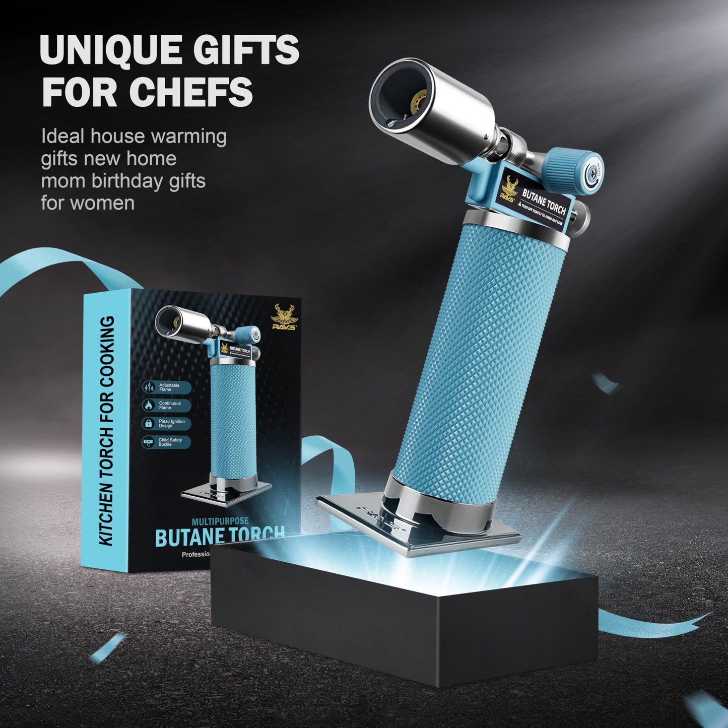 RAVS Butane Torch Lighter, Refillable Kitchen Torch with Safety Lock and Adjustable Flame, Creme Brulee Torch for Baking, BBQ, Blue Blow Torch for Cooking, Mens Gifts, Butane Gas Not Included