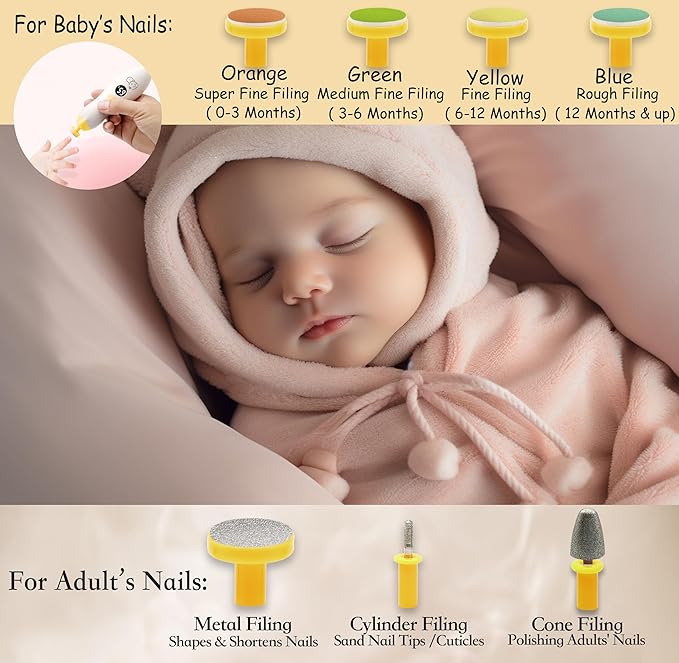 Royal Angels Rechargeable 22 in 1 Baby Nail Trimmer with LCD Display, Labeled Case, 13 Extra Pads, Safe Quiet LED Light Electric Baby Nail File Kit for Newborns Toddlers (Mango)