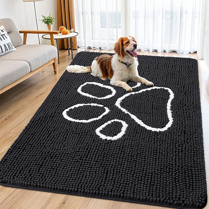 Smiry Dog Door Mat for Muddy Paws, Absorbent Dirt Trapper Non Slip Quick Dry Washable Chenille Mat for Mud Dogs, Entry Rug for Indoor and Outdoor (70x32 Inches, Black and White)