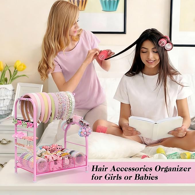 Keebofly Acrylic Hair Accessories Organizer, Versatile Headband Holder Stand for Scrunchies, Bows, Claw Clips, Hair Tie, Compact Hair Organizer Storage Container for Girls, Women, Babies, Soft Pink