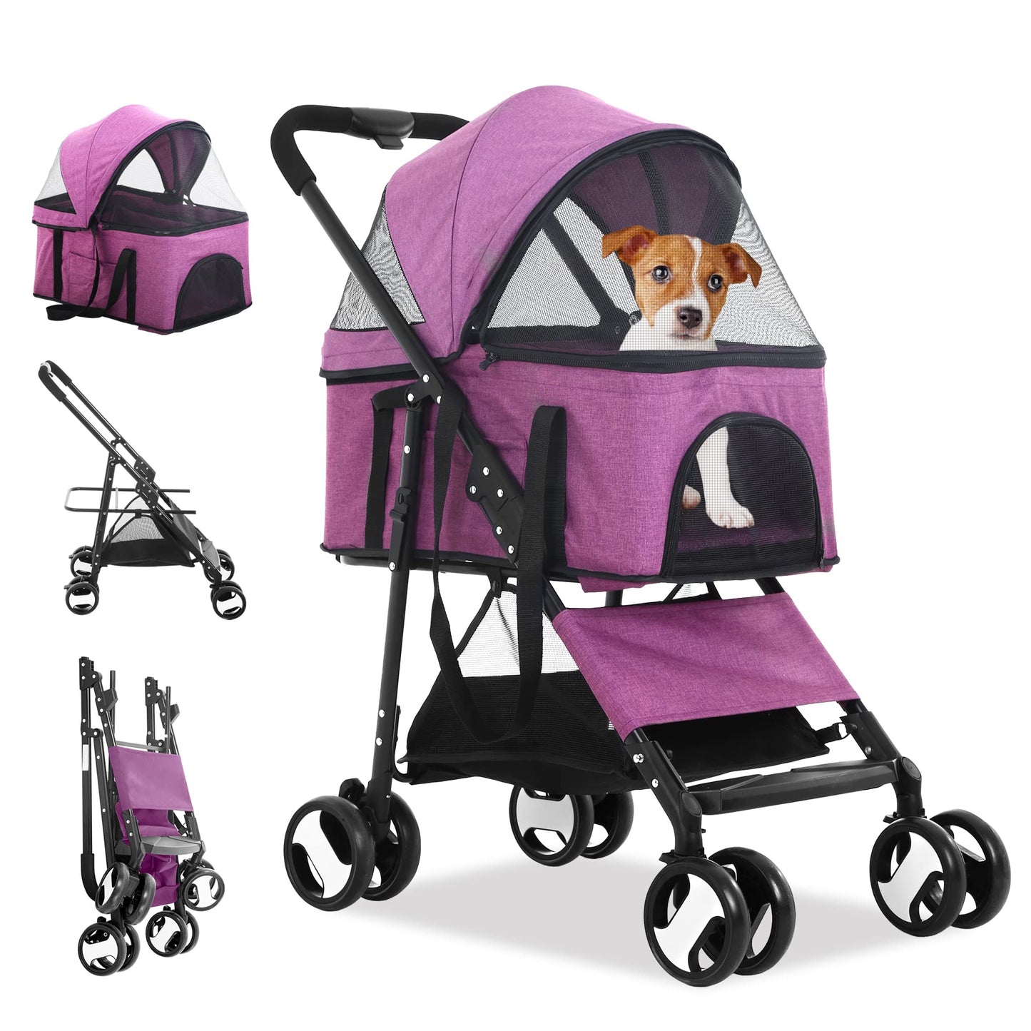 BLKMTY Dog Stroller 3-in-1 Folding Pet Strollers 4 Wheels Cat Stroller w/Storage Basket Dog Carrier Trolley One-Button Switch Travel Strollers with Safety Belt Detachable Carrier, Purple