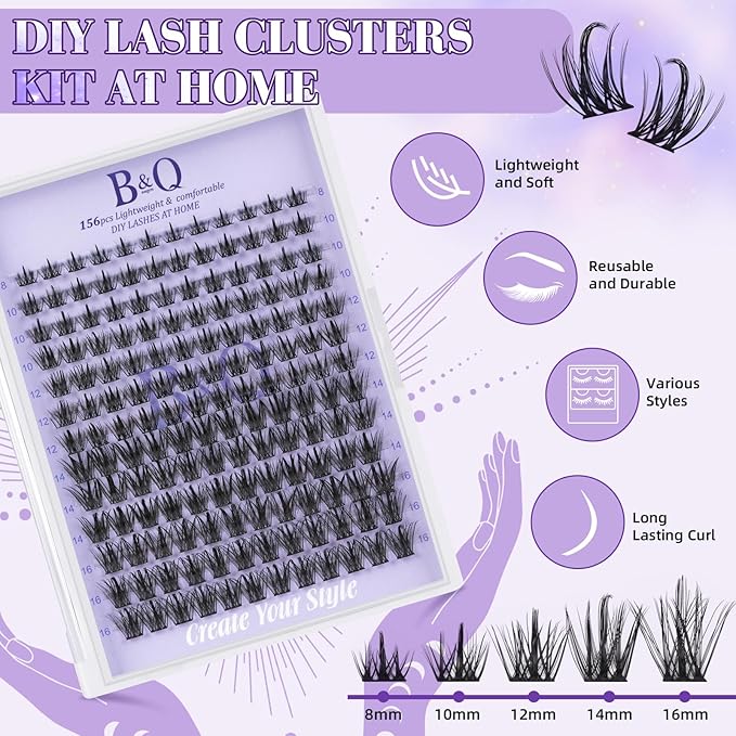 B&Q Wispy Lash Clusters Kit B28, DIY Lash Extension Kit 156PCS Eyelash Extension Kit, Soft Natural Lash Clusters 8-18MIX D Curl Lash cluster, Thin Black Band Cluster Eyelash Extensions (B28 Set)