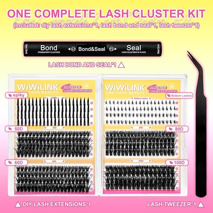 Fluffy Lash Clusters Kit Wispy 452Pcs Eyelash Clusters with Spikes 50D 60D 80D 100D Manga Cluster Eyelash Extensions Kit Volume Lash Extension 10-16mm False Eyelashes Kit