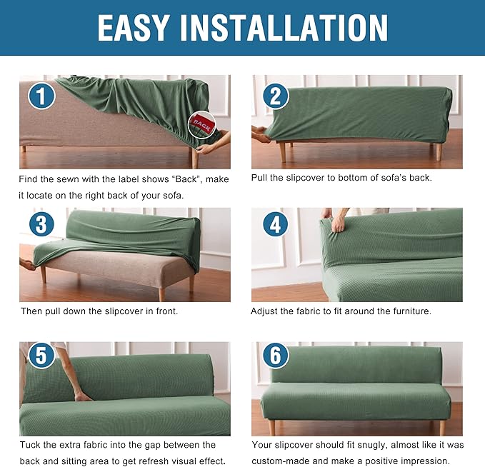 H.VERSAILTEX Armless Futon Cover Stretch Sofa Bed Slipcover Protector Elastic Feature Rich Textured High Spandex Small Checks Jacquard Fabric Futon Cover, Machine Washable, Loden Frost