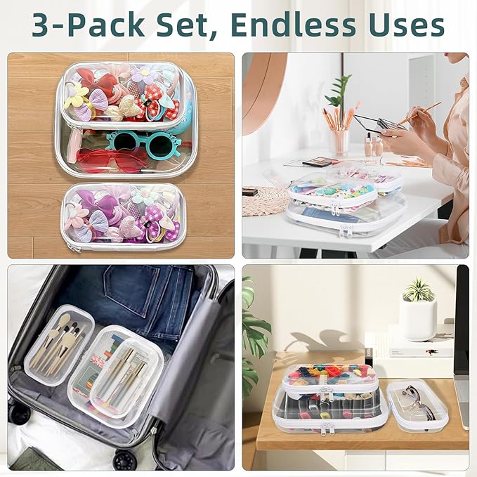 Clear Hard Shell Zipper Cases(3 Packs), Plastic Hard Sided Zippers Pouches Clear Hardshell Pencil Case For Storage, Diaper Bag Organizer Bliss Bins 2*Small/1*Medium
