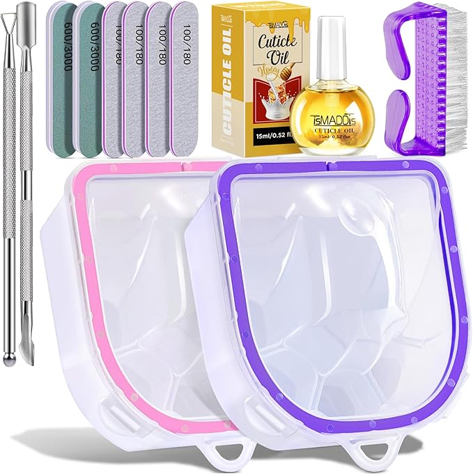 TsMADDTs 12 pcs Nail Soaking Bowl Acetone Gel Polish Remover Kit with 2 pcs Soak Off Bowls Manicure Bowls for Hands, Cuticle Remover Tools, Cuticle Oil, Files, Buffers, Brush, Dip Removal Kit
