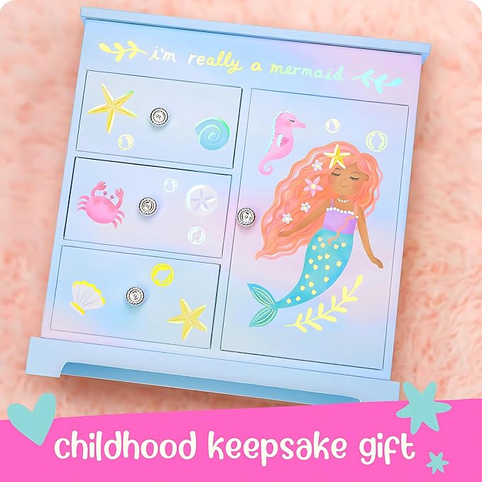 Giggle & Honey® Mermaid Musical Jewelry Box for Girls Kids Music Box with Drawers, Mermaid Mermaid Gifts for Girls, Mermaid Jewelry Boxes for Ages 3-10