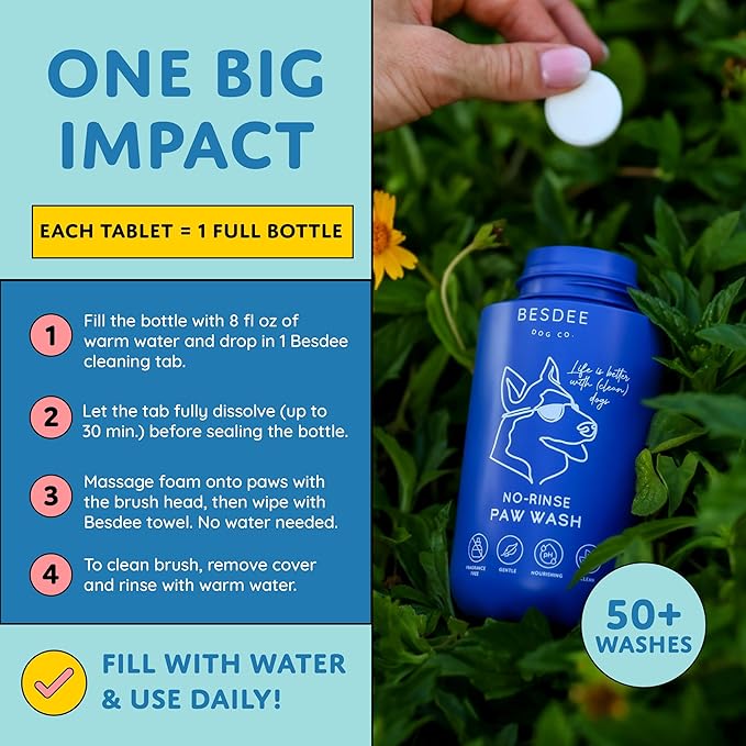 Dog Paw Cleaner – Refillable No-Rinse Paw Wash Bottle + 1 Cleaning Tablet – Hypoallergenic, Eco-Conscious Alternative to Dog Wipes – Gentle Foaming Paw Cleaner for After Walks