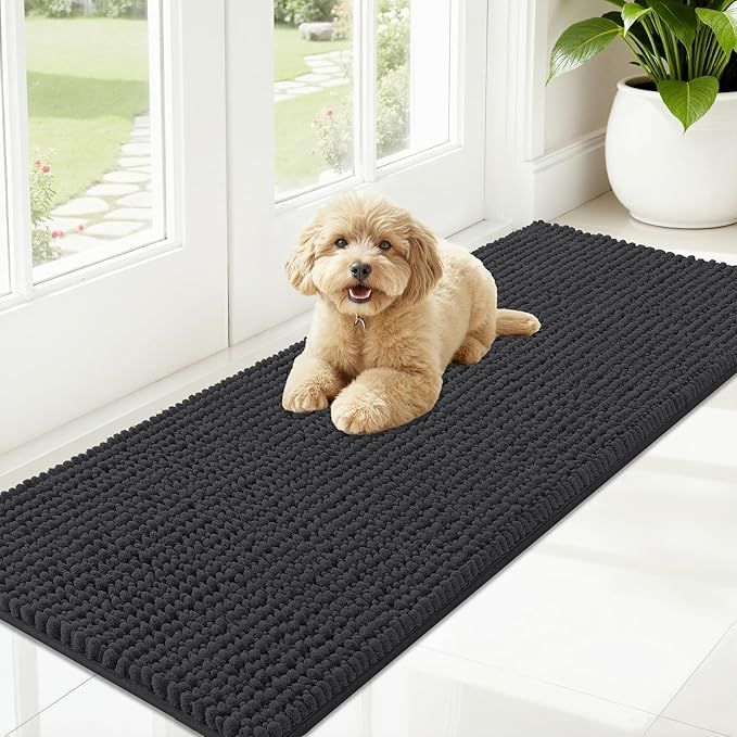 OLANLY Dog Door Mat for Muddy Paws 59x20, Ultra Absorbent Chenille Mud Doormat, Non-Slip Washable and Dirt Trapping Doormat for Indoor Entryway, Quick-Dry Indoor Pet Bed Mats for Dogs, Dark Grey