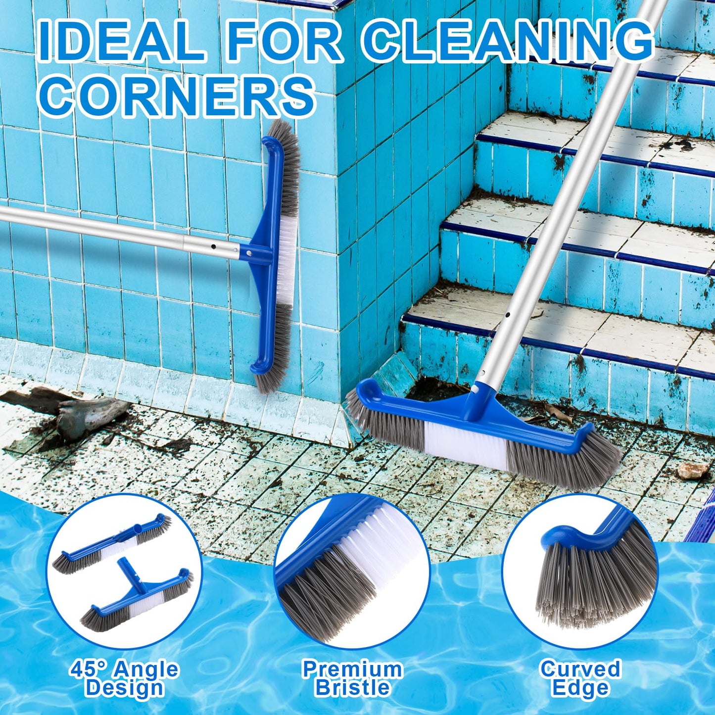 Potchen 3 Pcs Pool Cleaning Kit with Hand Skimmer Net, 47.24" Aluminum Pole and 17.5" Long Pool Brush Maintenance Accessory Tool for Above Ground Inground Ponds Home Tubs Spa