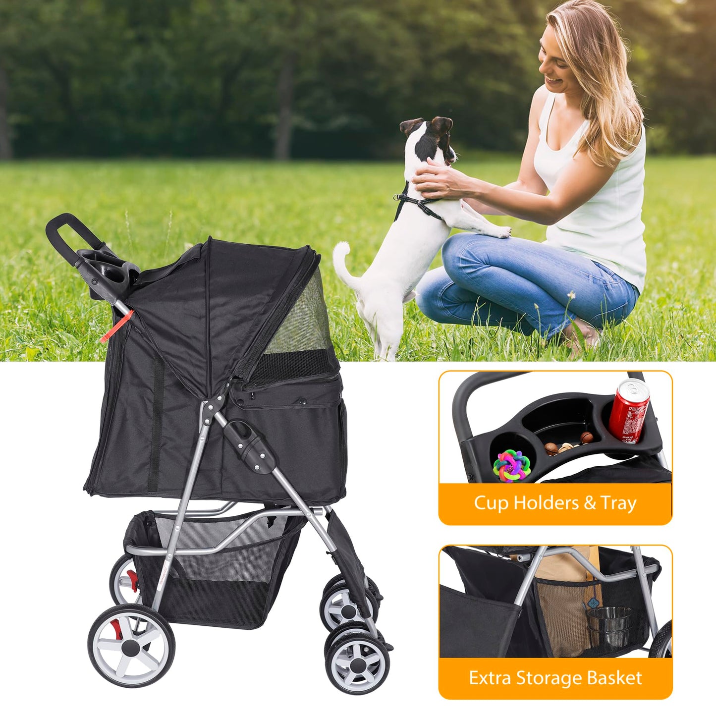 Epetlover Pet Stroller for Dogs, Black 4 Wheels Cat Strolling Cart Foldable Travel Carrier, Waterproof Puppy Jogger Stroller with Storage Basket & Cup Holder