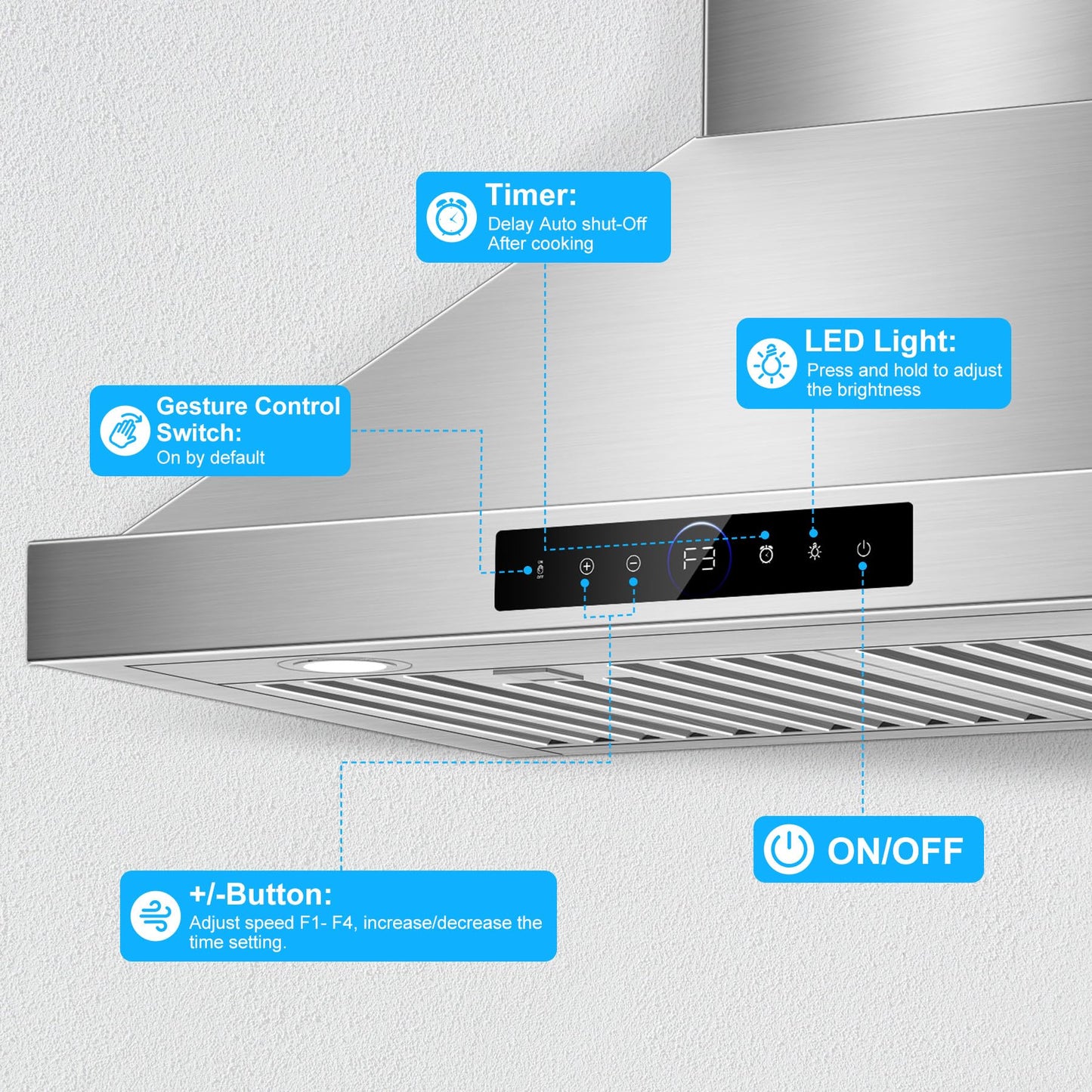 30 inch Range Hood Wall Mount, 1200 CFM with 4-Speed Gesture Sensing & Touch Control, Stainless Steel Ducted Kitchen Stove Vent Hoods with 2 LED Lights, Time Setting, Dishwasher-Safe Baffle Filters