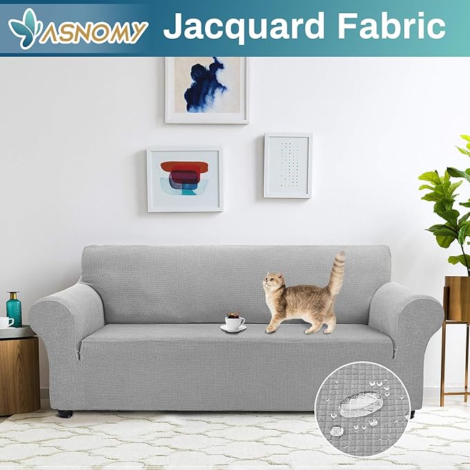 Asnomy Couch Covers for 3 Cushion Couch Stretch Sofa Covers Slipcovers, Pet Protector Furniture Covers for Dogs Cats Spandex Jacquard Fabric Small Checks（X-Large，Silver）
