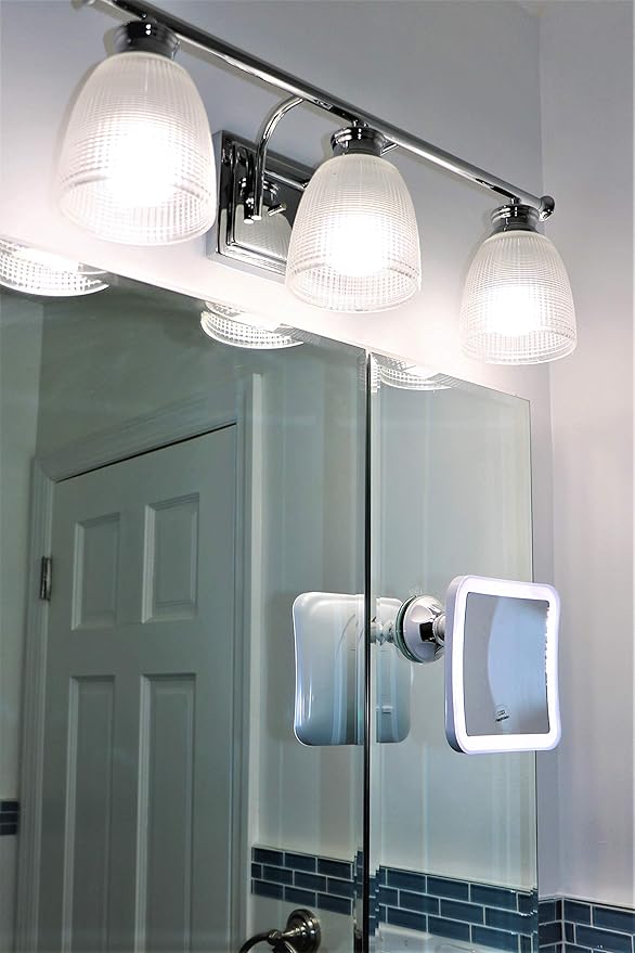 JiBen Square LED Lighted 10X Magnifying Makeup Mirror, Power Locking Suction Cup, Bright Diffused Light and 360 Degree Rotating Adjustable Arm, Portable Cordless Home and Travel Bathroom Vanity Mirror