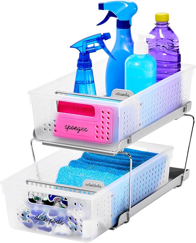 madesmart 2 Tier Bath Organizer,Undersink Storage with Sliding Drawers,for Cleaning Supplies,Pantry,Sponges,Bottles&Kitchen Essentials,Adjustable Dividers&Pull Out Sliding Baskets,Frost,(Pack of 2)