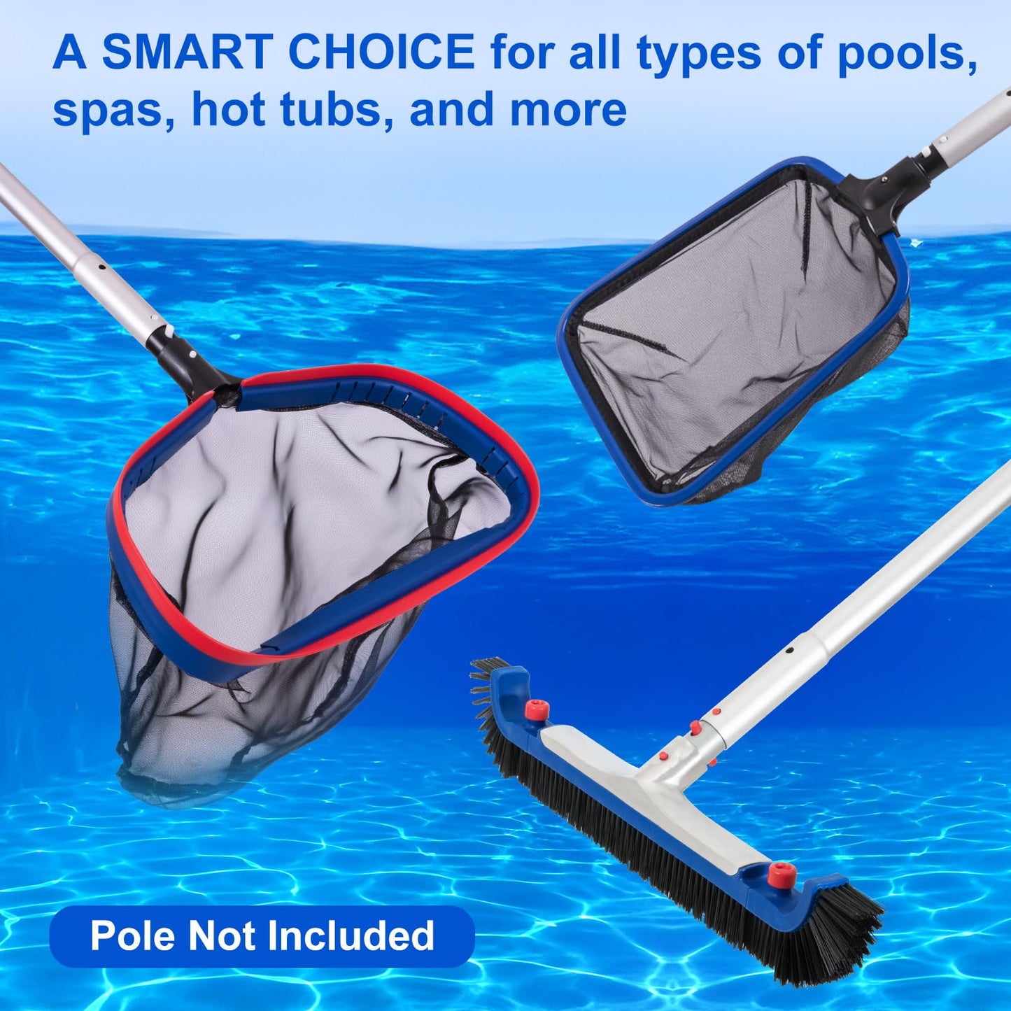POOLAZA Deluxe Swimming Pool Cleaning Kit Including 20'' Pool Brush Head & Heavy Duty Pool Nets for Cleaning (17.5''Pool Net Skimmer & Semi-deep Ultra Fine Mesh Pool Skimmer Net with Aluminum Frame)