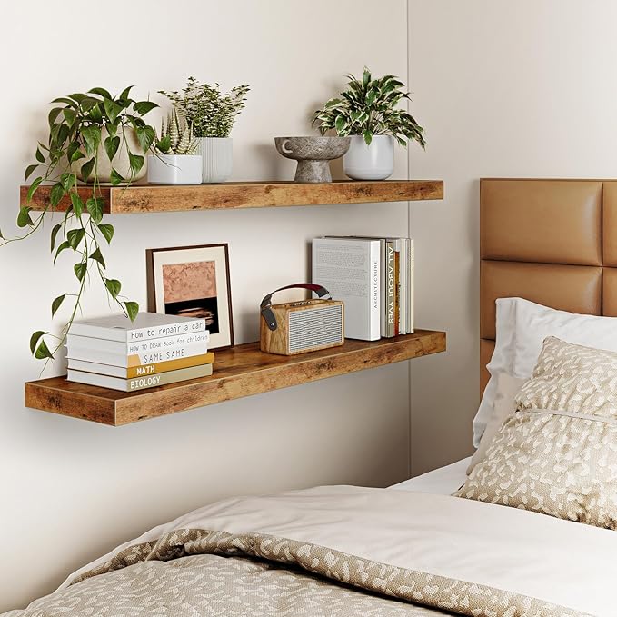 Fixwal Wall Shelves, 35.4" Long Heavy Duty Wall Mounted Rustic Wood Shelves for Living Room, Bedroom, Bathroom and Kitchen, Wall Shelves for Storage, Books, Room Decor (Rustic Brown, Set of 2)