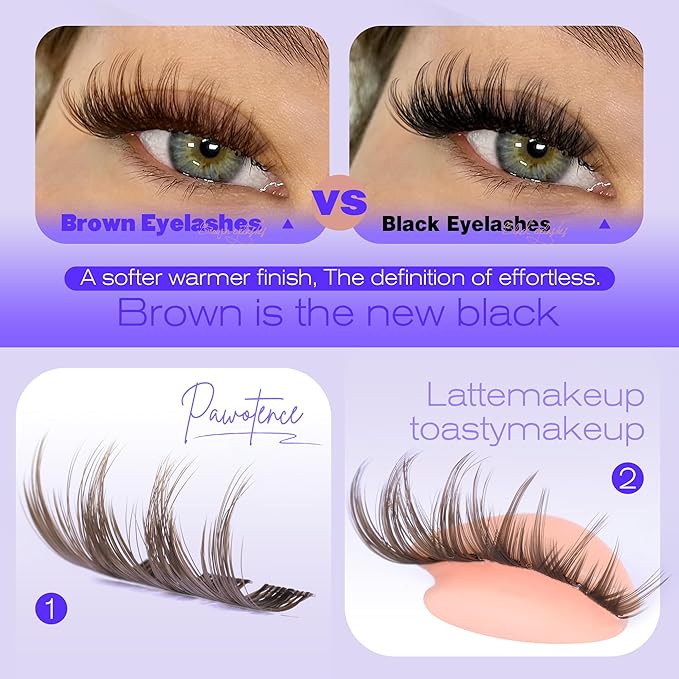 Pawotence Brown Lash Clusters Wispy Cluster Eyelash Extensions 10-18mm Individual Lashes DIY Cluster Lashes Extension Soft Brown Eyelash Clusters with Thin Band