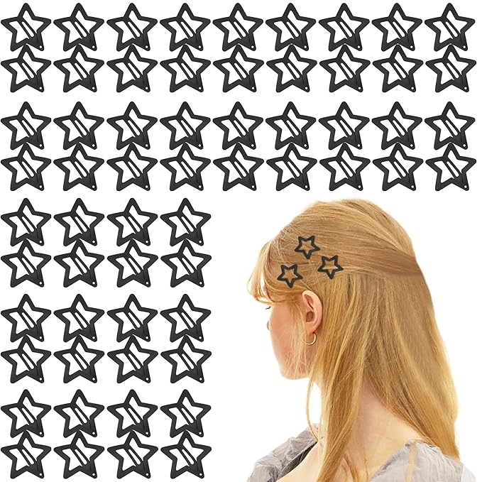 60Pcs Star Hair Clips for Baby Girl Women, Y2K Hair Snap Clips Metal Hair Barrette Hair Accessories for Women Girl, Non-slip Lovely Black Clips