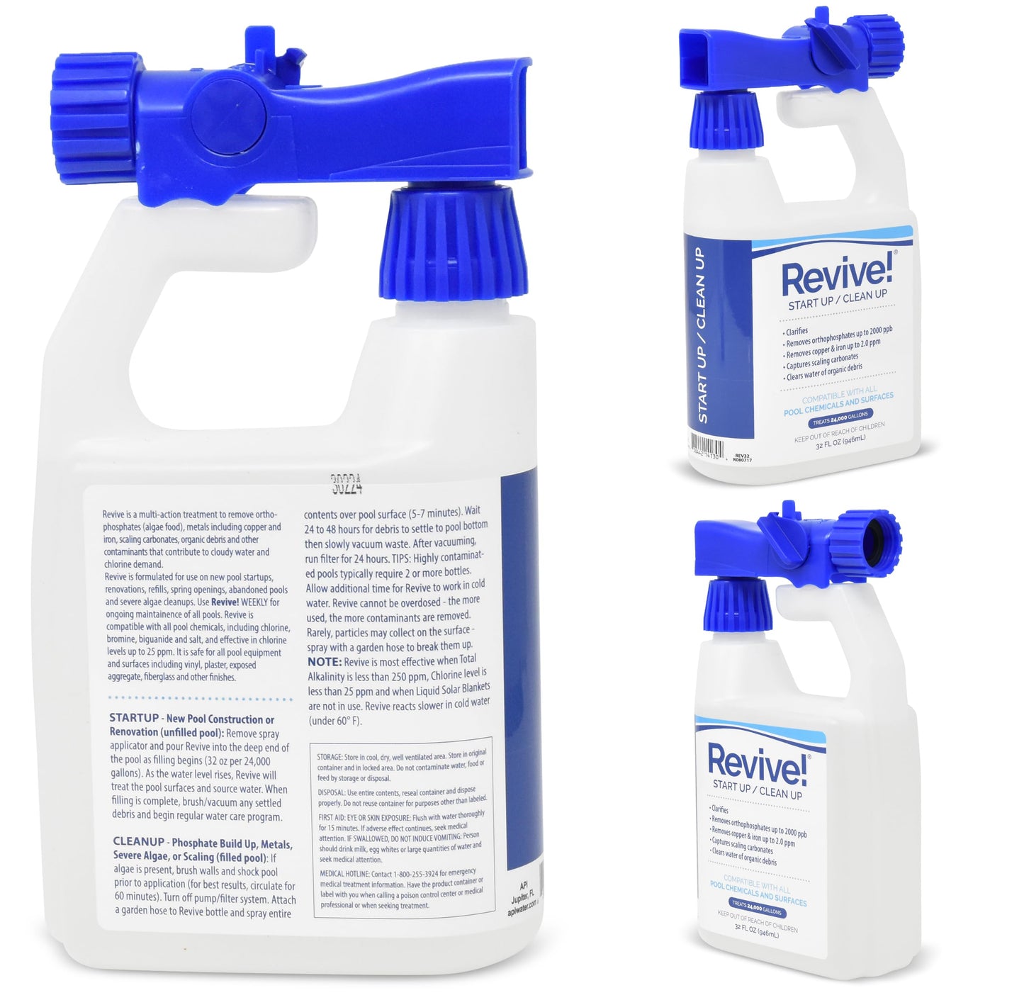 REVIVE 32 oz Water Care Long Lasting Non Foaming Formula for Pools with Test Strips