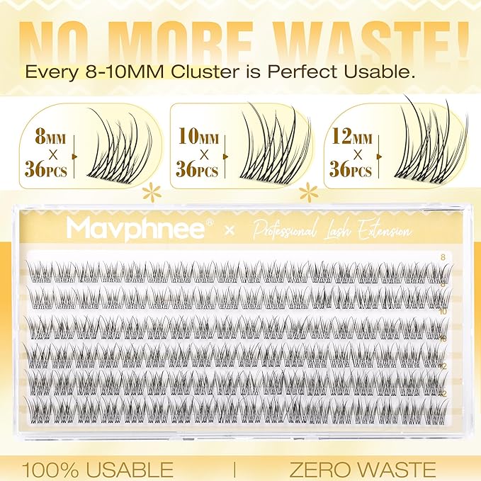 Mavphnee Natural Lash Clusters Clear Band Cluster Eyelash Extensions 8-10-12MM Short Eyelash Clusters DIY Cluster Lashes Pack So Real & No Corner Lift (CC Curve, 108PCS)