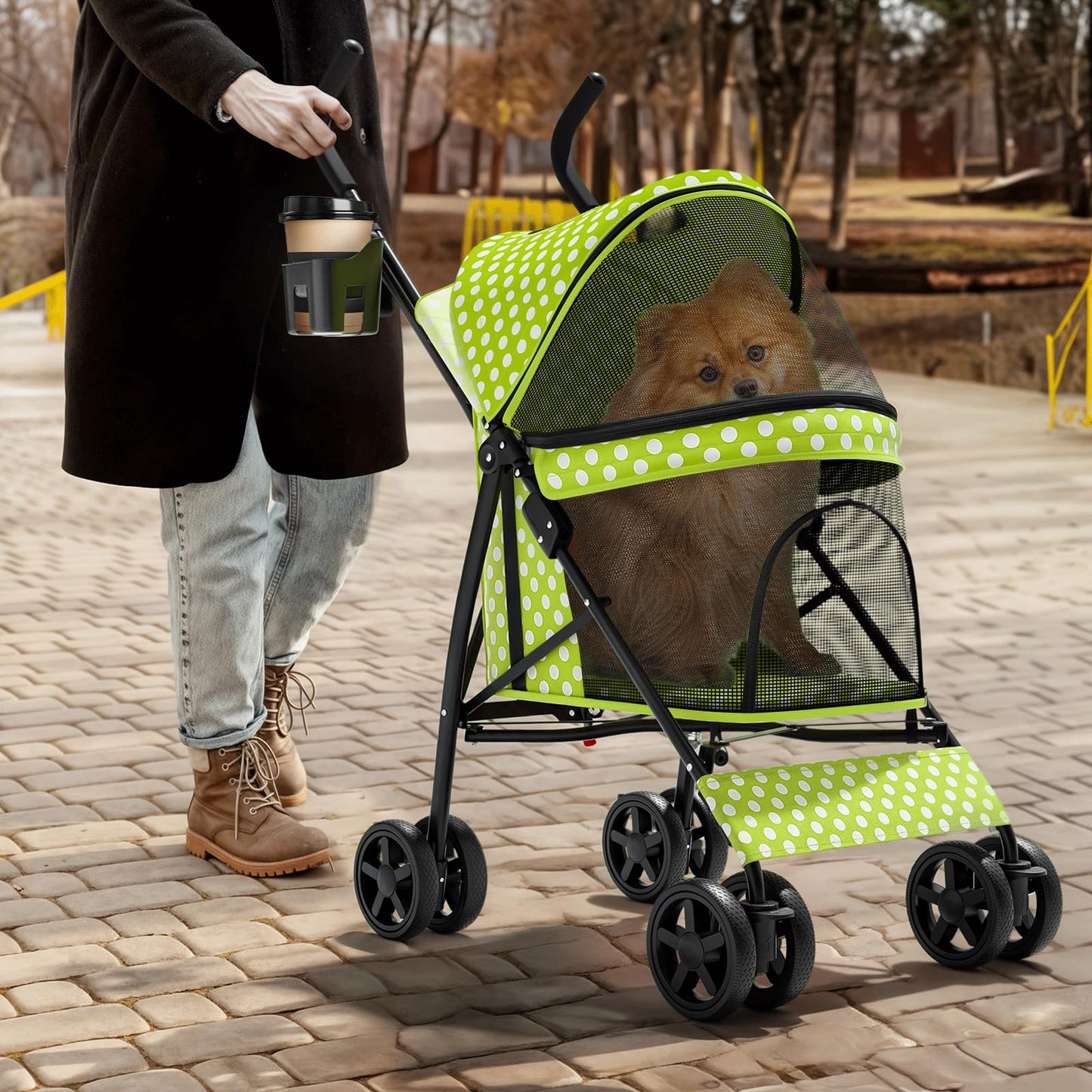 Magshion Compact Pet Stroller for Small-Medium Dogs/Cats up to 22lbs, 4-Wheel Lightweight Umbrella Shaped Portable Puppy Travel Jogger with Breathable Mesh, Cup Holder & Rear Storage, Lawn Green