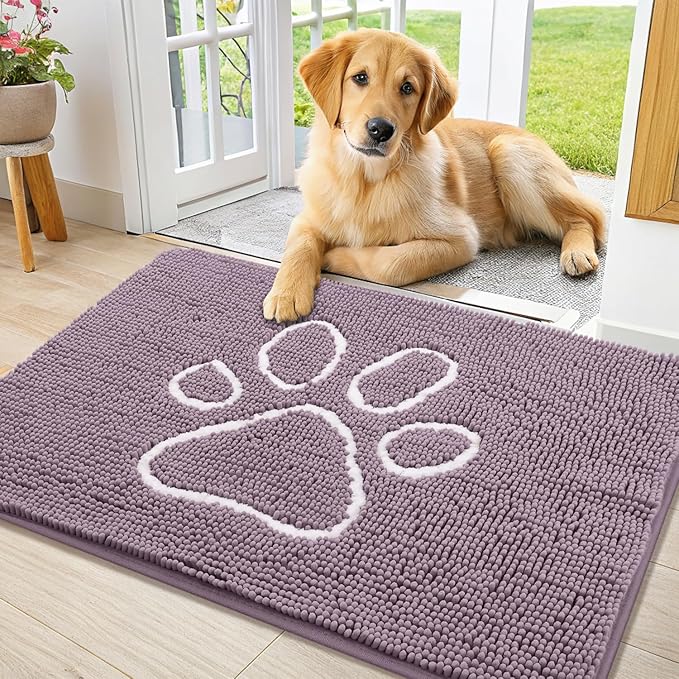 Smiry Dog Door Mat for Muddy Paws, Absorbent Dirt Trapper Non Slip Quick Dry Washable Chenille Mat for Mud Dogs, Entry Rug for Indoor and Outdoor (36x24 Inches, Deep Plum and White)