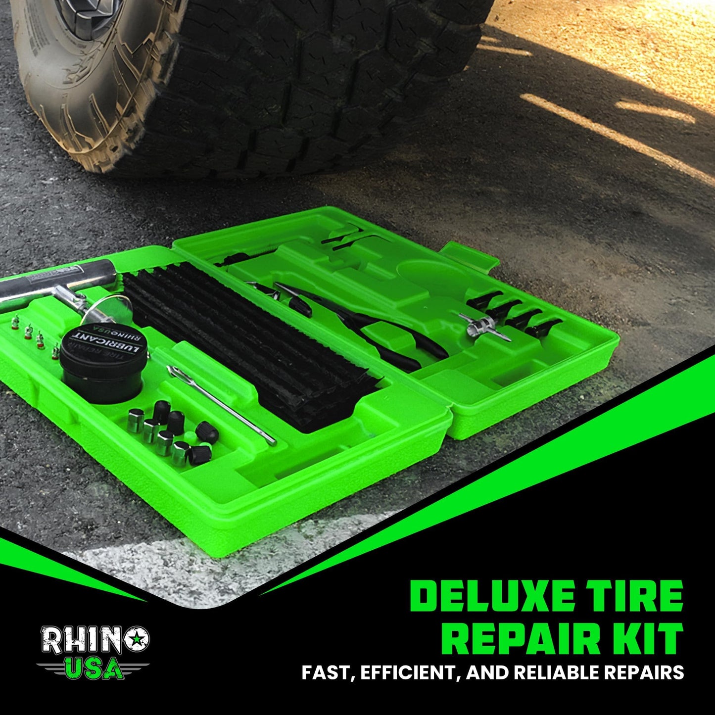 Rhino USA Tire Repair Kit (86-Piece) Professional Heavy Duty Tire Plug Kit to Fix Punctures & Patch Flats with Ease - Ultimate Tubeless Tire Repair Tools for Car, Motorcycle, ATV, UTV, RV and Trailer