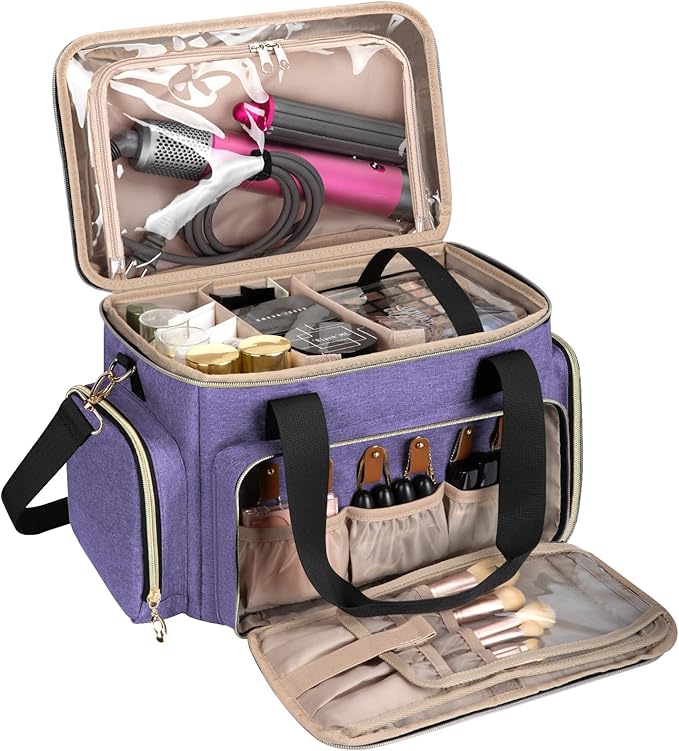 GDNasist Large Makeup Bag, Portable Travel Makeup Bag Organizer for Women Girls with 2 Removable Pouches & Detachable Dividers, Cosmetic Travel Bag, Toiletry Bag for Makeup and Hair Supplies, Purple