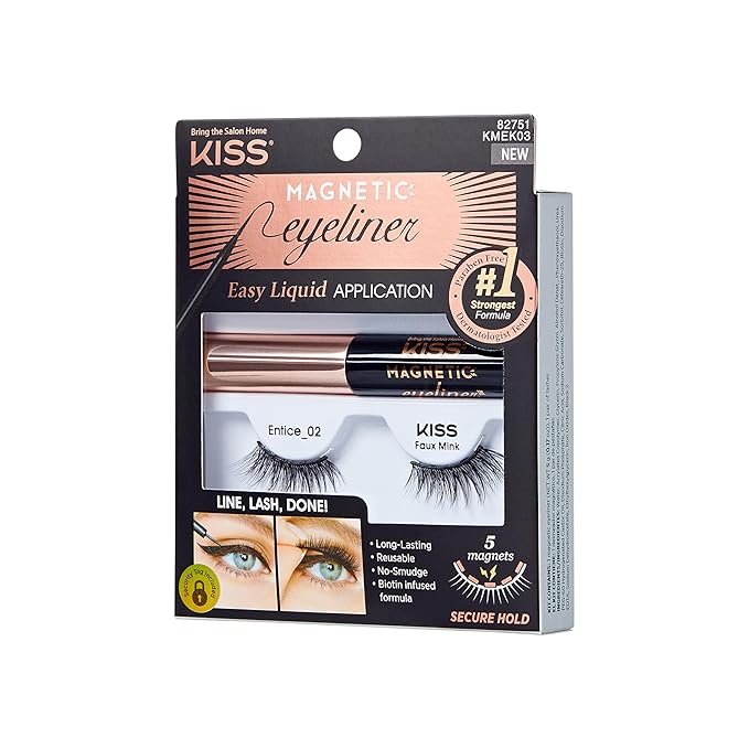 KISS Magnetic False Eyelashes and Eyeliner, ‘Entice’, 12mm, Easy to Apply, Reusable, No Glue, Flexiband Technology, Precision Felt Tip, Fortified Formula, 1 Pair Strip Lashes (Pack of 2)