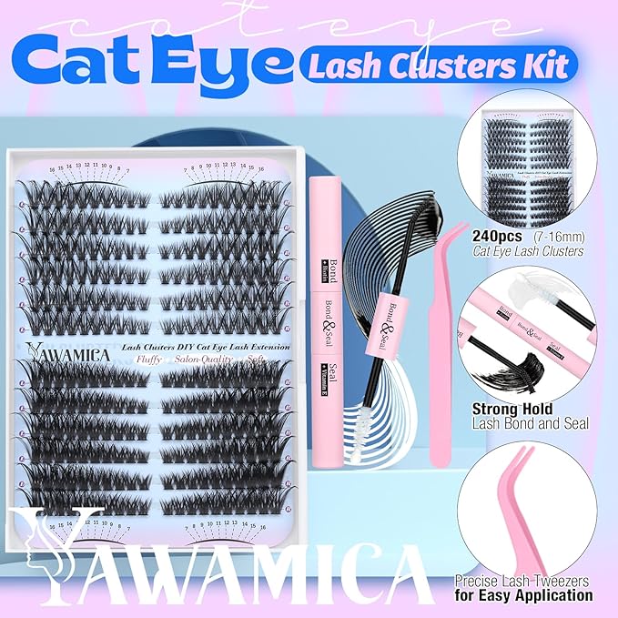 Yawamica Lash Extension Kit 50D 80D Cat Eye Lashes Clusters Kit 7-16mm Wispy Cluster Eyelash Extensions Kit D Curly Eyelash Clusters 240pcs Individual Lashes with Bond and Seal Lash Tweezers DIY Lash