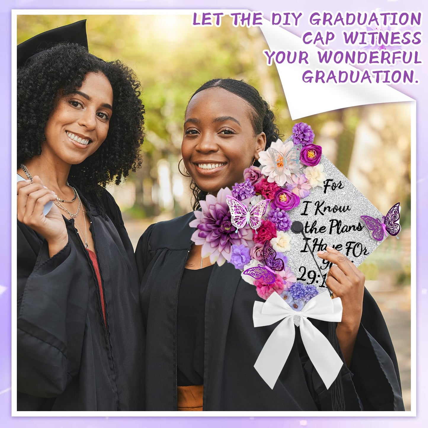 55 Pcs Purple DIY Graduation Cap Decorations Faux Assorted Flowers purple Bows 3D Butterfly Stickers Glitter Alphabet Letter Number Decals for DIY Hat Grad Cap Topper Graduation Party Supplies