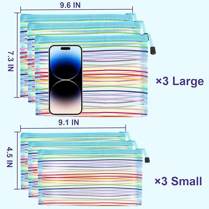 Mesh Bags with Zipper (6 Pack), Nylon Makeup Bag Cosmetic Pouches Travel Organizer Case for Purse Diaper Bag Home Organizing Striped Multi Size Blue