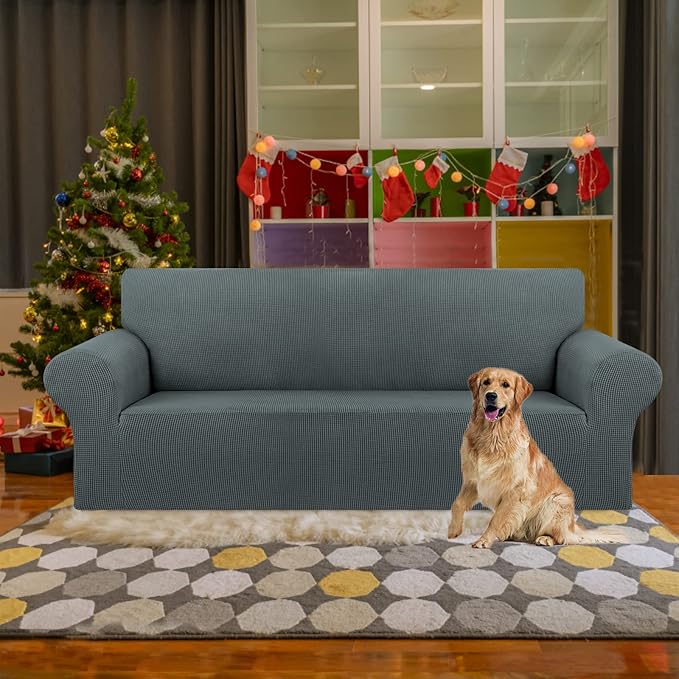 KEKUOU Stretch Sofa Cover Slipcover ，Couch Covers for 3 Cushion Couch Sofa (78"-94") Furniture Protector 3 Seater Sofa with Elastic Bottom for Kids,Dog, Jacquard Small Checked(Large,Grey)