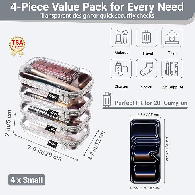 YQBRAO 4-Pack Clear Hard Shell Zipper Case, 1.2mm Ultra-Thick Diaper Bag Organizer Pouches, Rigid Self-Standing Travel Makeup Bags with YKK Zippers, TSA Approved, Gray