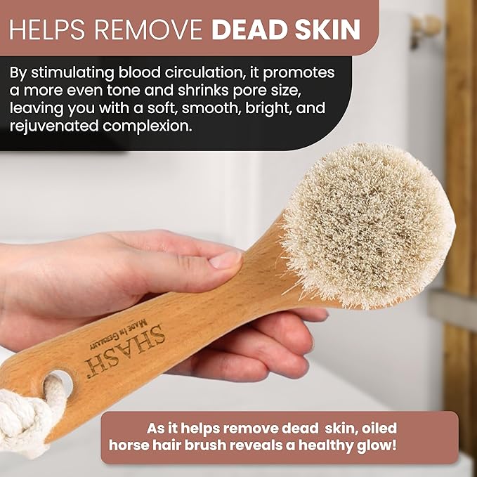 SHASH Since 1869 Hand Made in Germany - Sustainable Exfoliating Face Brush, Scrub Cleansing Brush, Exfoliates Skin to Help Reduce Flaking, Fine Lines, Supports Glowing Complexion (Soft Goat Bristle)