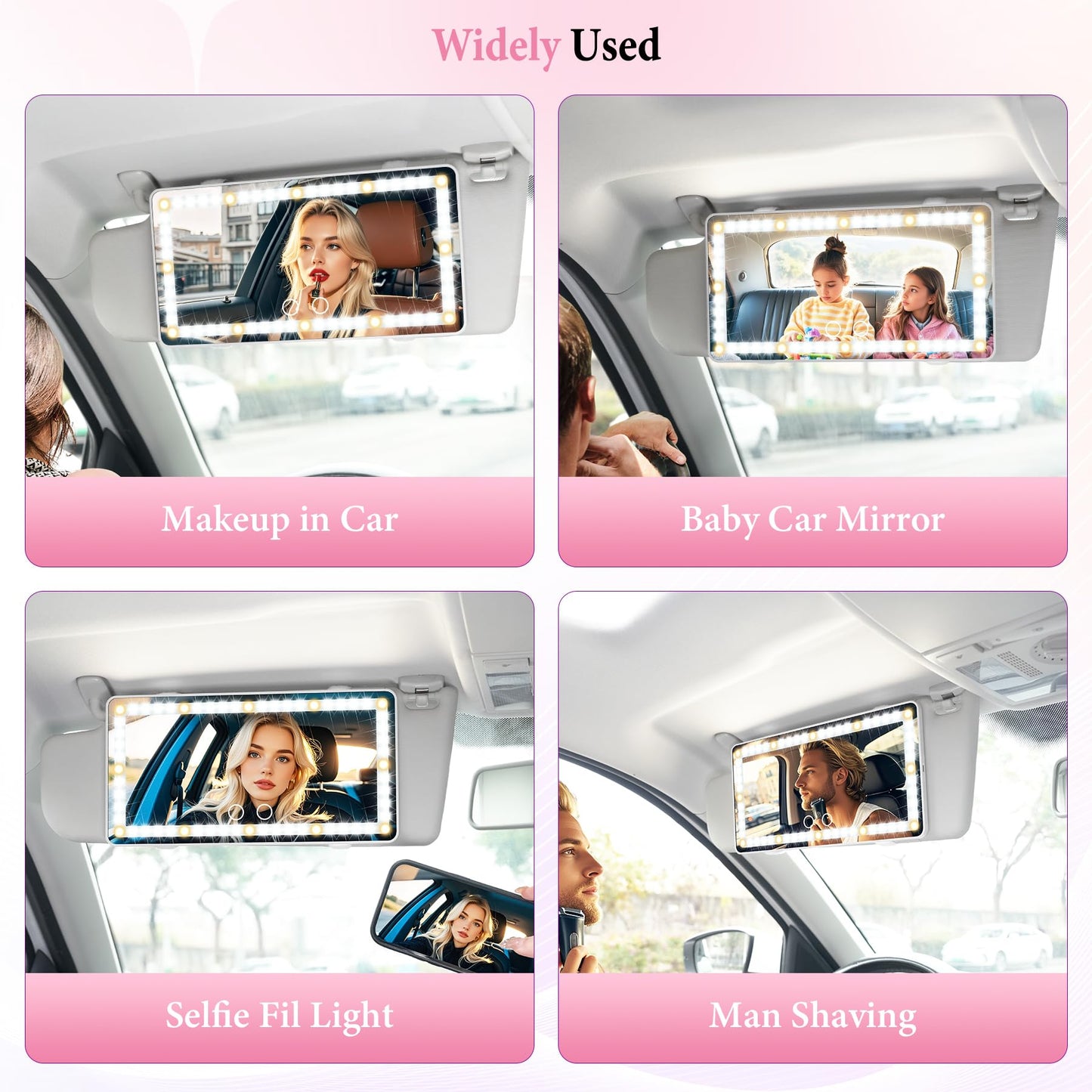 SINGARO Car Sun Visor Vanity Mirror - Rechargeable Makeup Mirror with 60 LEDs, 3 Light Modes & Dimmable Touch Control for Cars, Trucks, SUVs, Car Interior Accessories for Women (White)