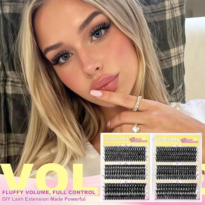 Fluffy Lash Clusters Kit 448Pcs, Wispy Volume (60D/80D/100D) D-Curl Cluster Eyelash Extensions 10-16mm + Bond & Seal Glue + Tweezers - Reusable 15+ Times, Natural to Dramatic Volume