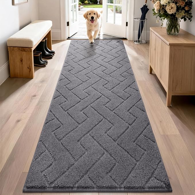 PURRUGS Dirt Trapping Door Mat 24" x 84", Non-Slip Machine Washable Entry Rug, Dog Doormat, Indoor Front Door Mat, Super Absorbent Entryway Rug for Muddy Shoes & Paws, Grey