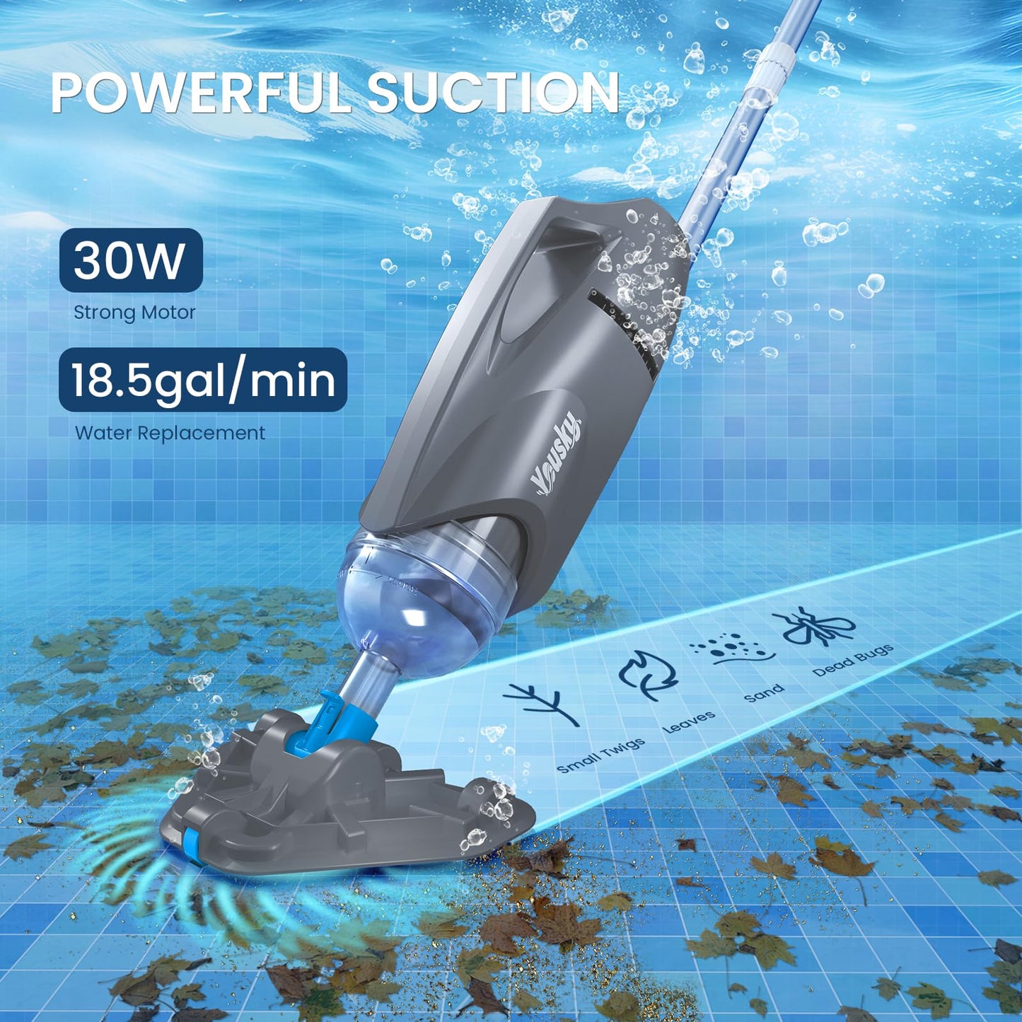 Cordless Pool Vacuum for Above Ground Pool with Telescopic Pole, 18.5 GPM Powerful Suction, Upgraded 60 Mins Runtime, Rechargeable Handheld Pool Cleaner with 2 Brush Heads for Inground Pools