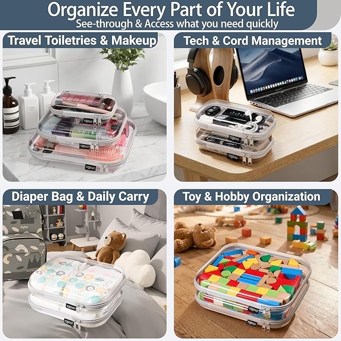 YQBRAO 4-Pack Clear Diaper Bag Organizer Pouches, 1.2mm Ultra-Thick PET Travel Pouches for Toiletries & Makeup, Rigid Self-Standing Bags with YKK Zippers, TSA Approved (Gray)