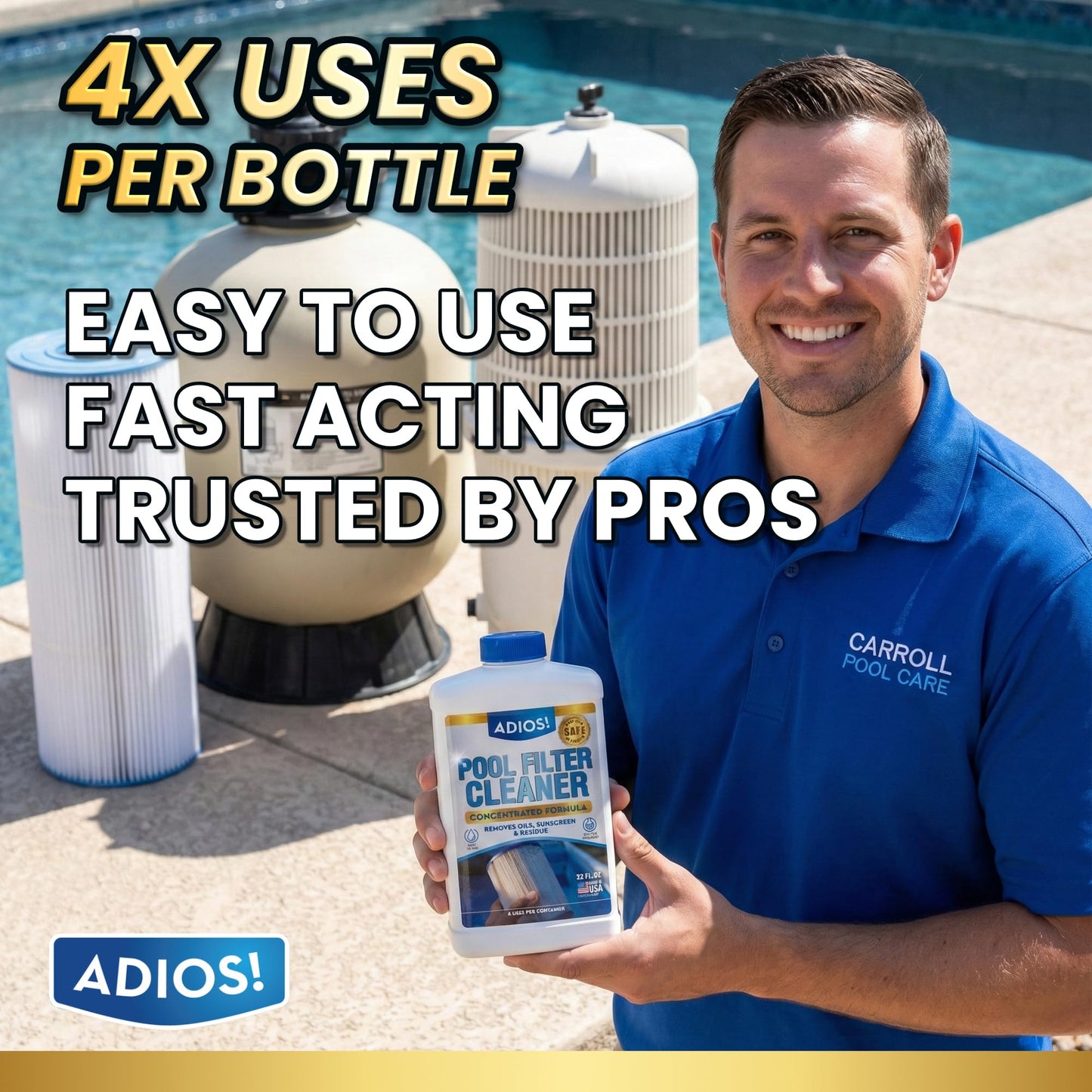 ADIOS! Pool Filter Cleaner, Deep Cleaning Soak Solution for Cartridge, Sand and DE Filters – Degreases and Restores Media (32oz)