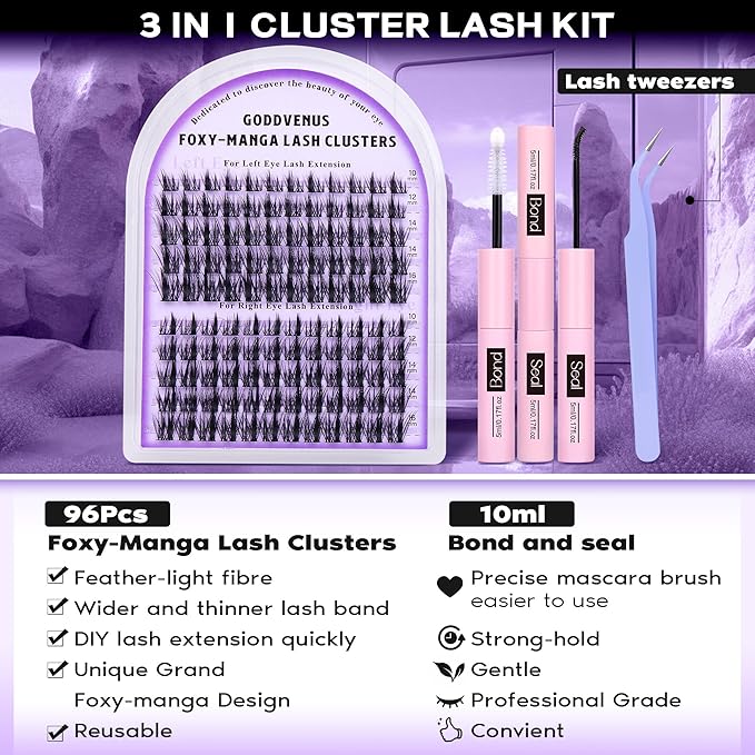 Goddvenus Manga Lash Cluster Kit Wispy Lashes Clusters Fluffy Eyelash Clusters Upturned Foxy Cluster Eyelash Extensions Kit D Curl Fairy Eyelash Extension Kit 10-16mm Individual Lashes Kit